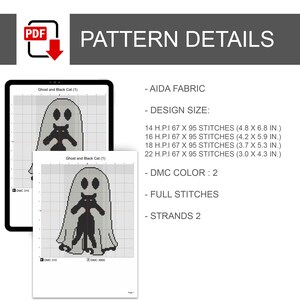K&ouml;nnte beinhalten: Ein digitales PDF-Kreuzstichmuster mit dem Titel "Ghost and Black Cat (1)". Das Design zeigt eine Geisterfigur mit einer schwarzen Katze im Inneren. Die Musterdetails umfassen Aida-Stoff, Designgr&ouml;&szlig;en in Zoll, DMC-Farbe, Vollstiche und F&auml;den.