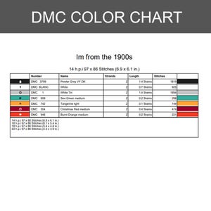 May include: A DMC color chart titled Im from the 1900s featuring a table with columns for number, name, strands, length, and stitches. It lists seven thread colors including Pewter Grey, White, Sea Green, Tangerine, and Christmas Red with dimensions.