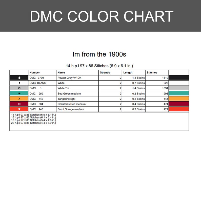 May include: A DMC color chart titled Im from the 1900s featuring a table with columns for number, name, strands, length, and stitches. It lists seven thread colors including Pewter Grey, White, Sea Green, Tangerine, and Christmas Red with dimensions.