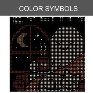May include: A cross-stitch pattern chart titled COLOR SYMBOLS on a black background. The design features a ghost, a crescent moon, stars, and a steaming mug near a window, rendered in white, orange, and brown star and dash symbols.
