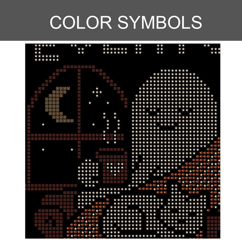 May include: A cross-stitch pattern chart titled COLOR SYMBOLS on a black background. The design features a ghost, a crescent moon, stars, and a steaming mug near a window, rendered in white, orange, and brown star and dash symbols.
