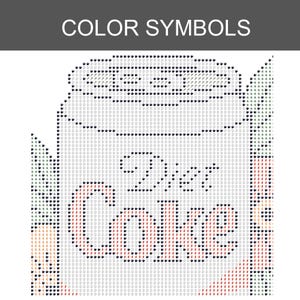 May include: A diamond painting pattern chart titled COLOR SYMBOLS featuring a grid of letters and symbols. The design outlines a soda can with the text Diet Coke in red and black, surrounded by various symbols representing specific diamond colors.
