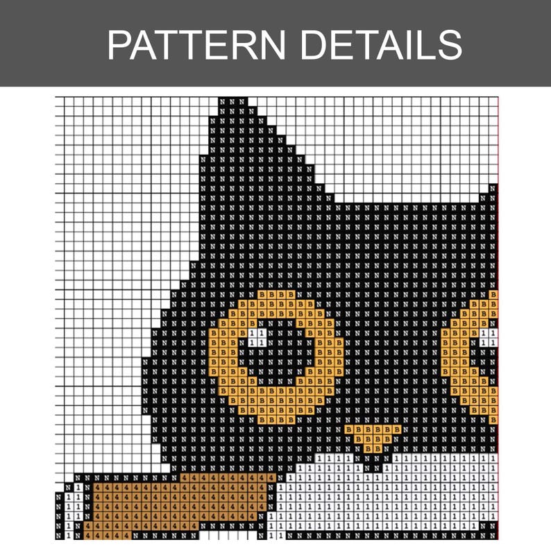 May include: A cross-stitch pattern showing a black cat's head with gold eyes and a brown collar, set on a grid. The words "PATTERN DETAILS" are displayed at the top of the image.