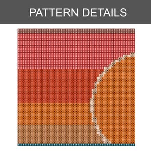 May include: A square grid pattern chart labeled PATTERN DETAILS, featuring horizontal color bands in red, orange, and brown. The grid contains numerical symbols 1 through 5 and arrow icons arranged in a circular formation against the background.