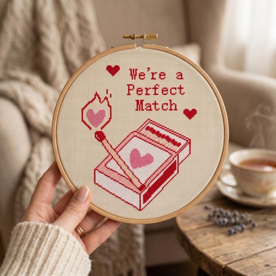 Match Cross Stitch Pattern, Romantic Valentine's Embroidery (PDF Pattern