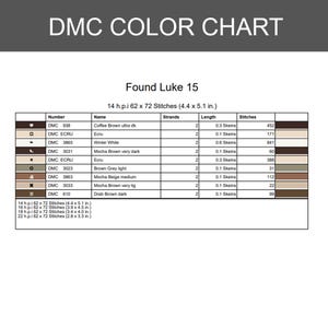 K&ouml;nnte beinhalten: Eine DMC-Farbkarte mit dem Titel Found Luke 15, die eine Tabelle mit Spalten f&uuml;r Symbol, DMC-Nummer, Farbname, F&auml;den, L&auml;nge in Str&auml;ngen und Stichanzahl f&uuml;r ein Design mit 14 h.p.i 62 x 72 Stichen enth&auml;lt.