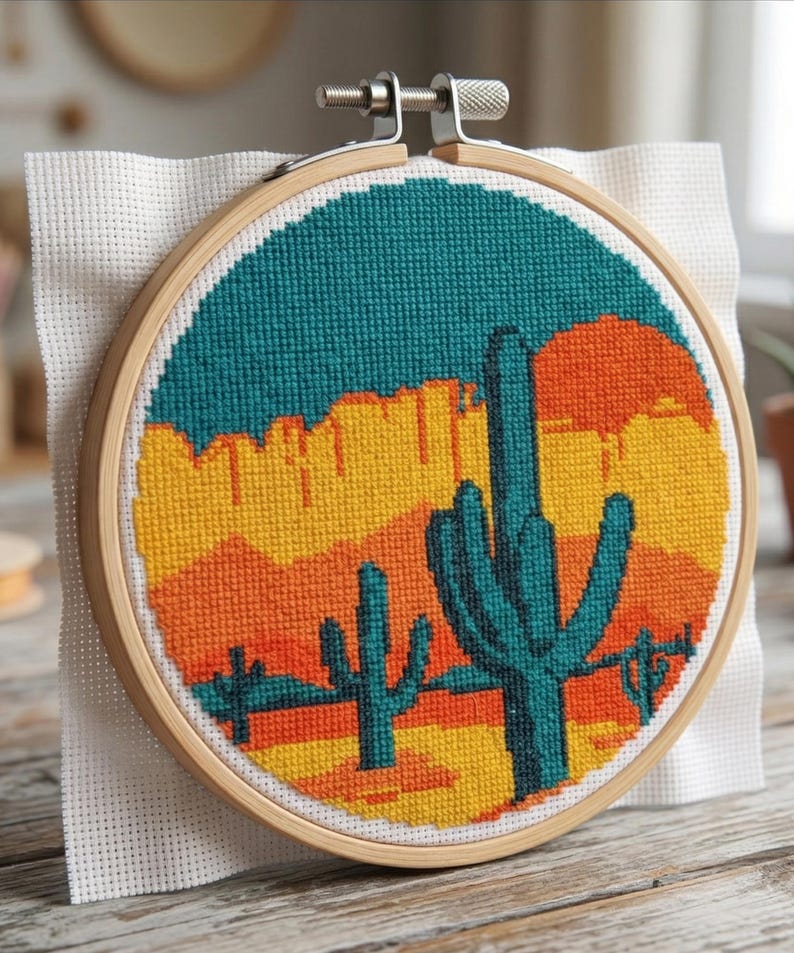 May include: A cross-stitch embroidery hoop featuring a desert landscape with cacti, mountains, and a setting sun. The design uses teal, orange, yellow, and brown thread on white fabric, set in a wooden hoop.