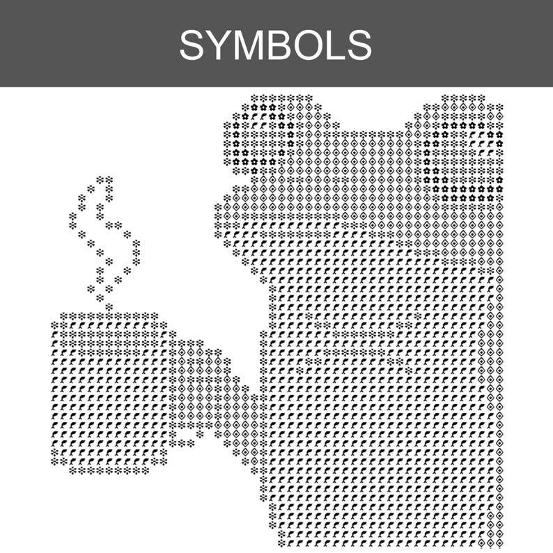 Puede incluir: Un patr&oacute;n de punto de cruz titulado SYMBOLS con un dise&ntilde;o de cuadr&iacute;cula en blanco y negro. El patr&oacute;n representa una figura grande y estilizada que sostiene una taza con vapor, construida a partir de iconos geom&eacute;tricos, flores y formas.