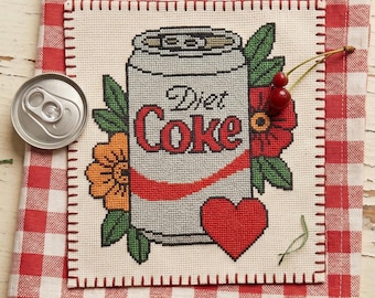 Diet Coke Cross Stitch Pattern, Floral Cola Embroidery, Funny Kitchen Decor, Instant Download