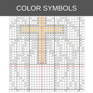 May include: A cross-stitch pattern chart titled COLOR SYMBOLS featuring a grid with black arrows, brown circles, and yellow semi-circle icons. The design is centered on a white background with thin black grid lines and bold red vertical and horizontal lines.