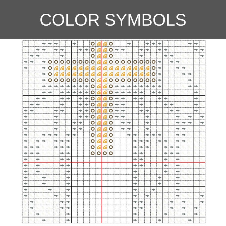 May include: A cross-stitch pattern chart titled COLOR SYMBOLS featuring a grid with black arrows, brown circles, and yellow semi-circle icons. The design is centered on a white background with thin black grid lines and bold red vertical and horizontal lines.