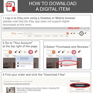 Puede incluir: Un gr&aacute;fico instructivo titulado HOW TO DOWNLOAD A DIGITAL ITEM. Describe cuatro pasos para acceder a archivos en Etsy.com, incluyendo iniciar sesi&oacute;n, navegar a Your Account, seleccionar Purchases and Reviews y hacer clic en el bot&oacute;n Download Files.