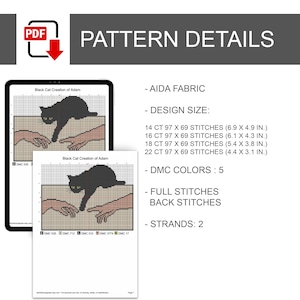 Pode incluir: Um padr&atilde;o digital de ponto cruz intitulado Black Cat Creation of Adam com um gato preto e duas m&atilde;os que se estendem. O texto inclui tecido AIDA, tamanhos de 14 a 22 count, 5 cores DMC, pontos cheios, ponto atr&aacute;s e 2 fios.