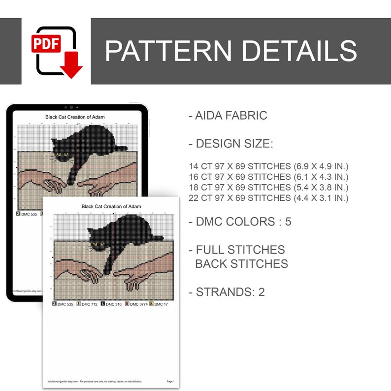 Pode incluir: Um padr&atilde;o digital de ponto cruz intitulado Black Cat Creation of Adam com um gato preto e duas m&atilde;os que se estendem. O texto inclui tecido AIDA, tamanhos de 14 a 22 count, 5 cores DMC, pontos cheios, ponto atr&aacute;s e 2 fios.