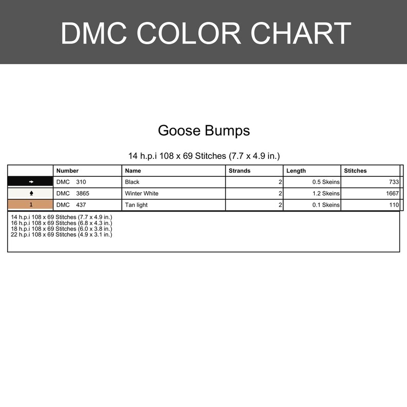 Puede incluir: Una tabla de colores DMC titulada Goose Bumps con una lista de n&uacute;meros de hilo 310, 3865 y 437, sus nombres, n&uacute;mero de hebras, longitudes en madejas y conteo de puntadas para 14 h.p.i. Incluye dimensiones para telas de 14, 16, 18 y 22 h.p.i.