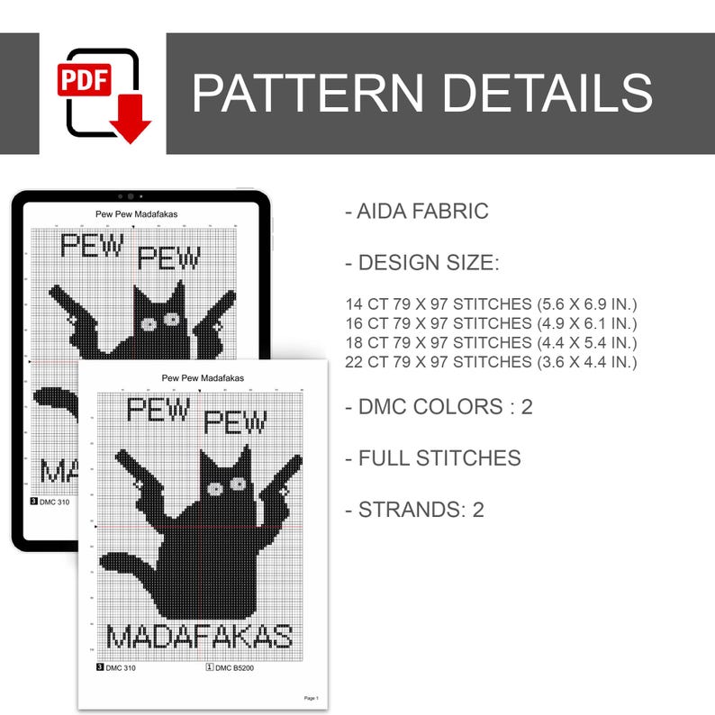Pew Pew Madafakas svart katt korsstygnsmönster – direkt digital nedladdning bild 3