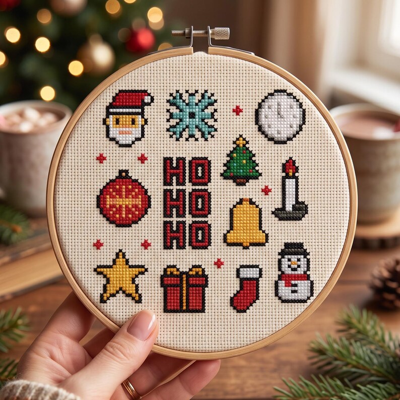 Op de afbeelding: Een ronde houten borduurring met cr&egrave;mekleurige stof voorzien van kersticonen in kruissteek, waaronder een kerstmangezicht, sneeuwvlok, klok, boom, kaars, bel, ster, cadeau, kous, sneeuwpop en de rode tekst HO HO HO.