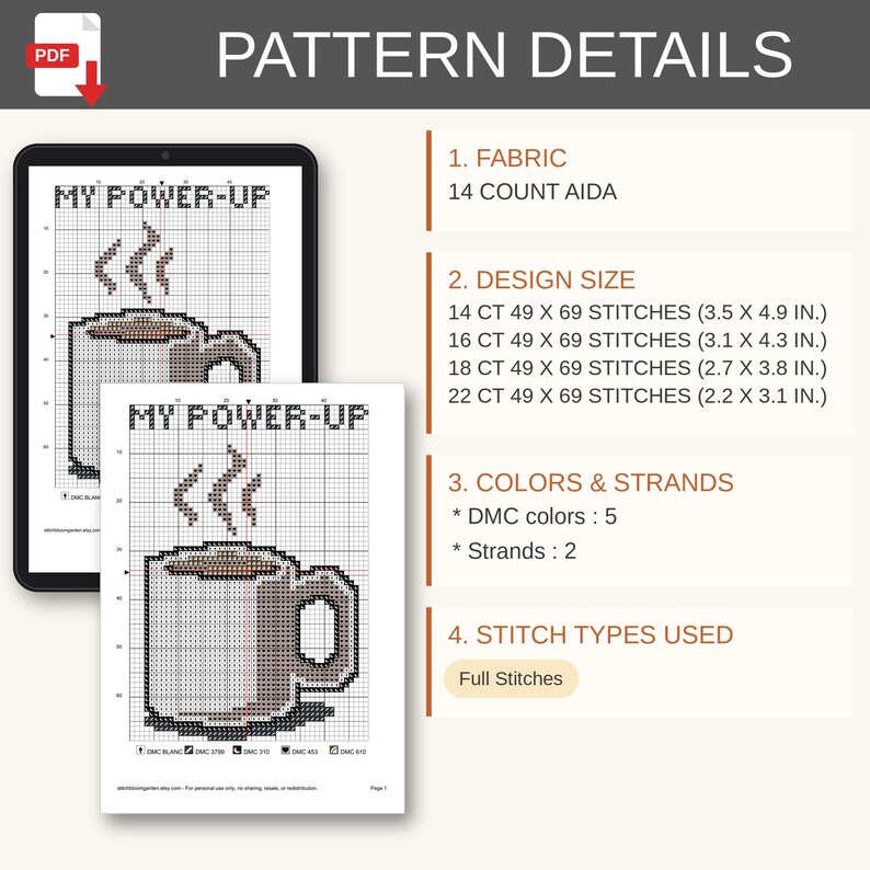 Puede incluir: Un patr&oacute;n de punto de cruz digital titulado My Power-Up que muestra una taza de caf&eacute; con vapor. Los detalles del PDF incluyen tela Aida de 14 count, tama&ntilde;os de dise&ntilde;o de 8,9 x 12,4 cm a 5,6 x 7,9 cm, 5 colores DMC y 2 hebras.