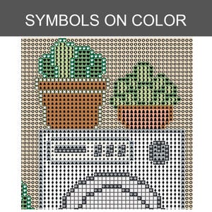 Puede incluir: Un patr&oacute;n de punto de cruz digital titulado SYMBOLS ON COLOR que muestra dos plantas en macetas y una lavadora. El dise&ntilde;o utiliza una cuadr&iacute;cula de peque&ntilde;os iconos como corazones, lunas y &aacute;rboles sobre un fondo beige claro.