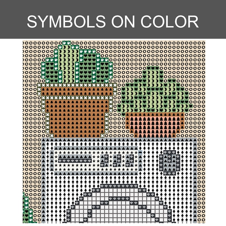 Puede incluir: Un patr&oacute;n de punto de cruz digital titulado SYMBOLS ON COLOR que muestra dos plantas en macetas y una lavadora. El dise&ntilde;o utiliza una cuadr&iacute;cula de peque&ntilde;os iconos como corazones, lunas y &aacute;rboles sobre un fondo beige claro.
