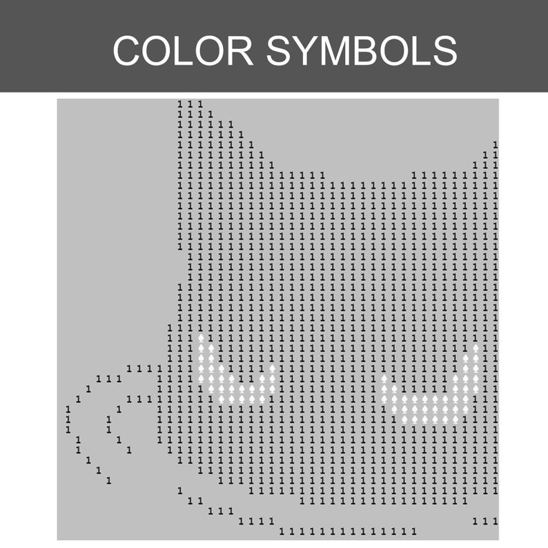 K&ouml;nnte beinhalten: Ein Kreuzstichmuster mit der &Uuml;berschrift COLOR SYMBOLS, das die Silhouette einer Katze zeigt, die aus der Zahl 1 gebildet wird. Das Design enth&auml;lt einen geschwungenen Schwanz links und zwei wei&szlig;e rautenf&ouml;rmige Augen auf dem Zahlenraster.