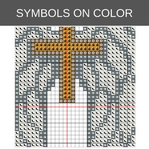 May include: A cross stitch pattern chart titled SYMBOLS ON COLOR featuring a grid layout. The design displays a central cross shape in orange and brown tones, surrounded by grey and white sections filled with repeating fish and arrow symbols.