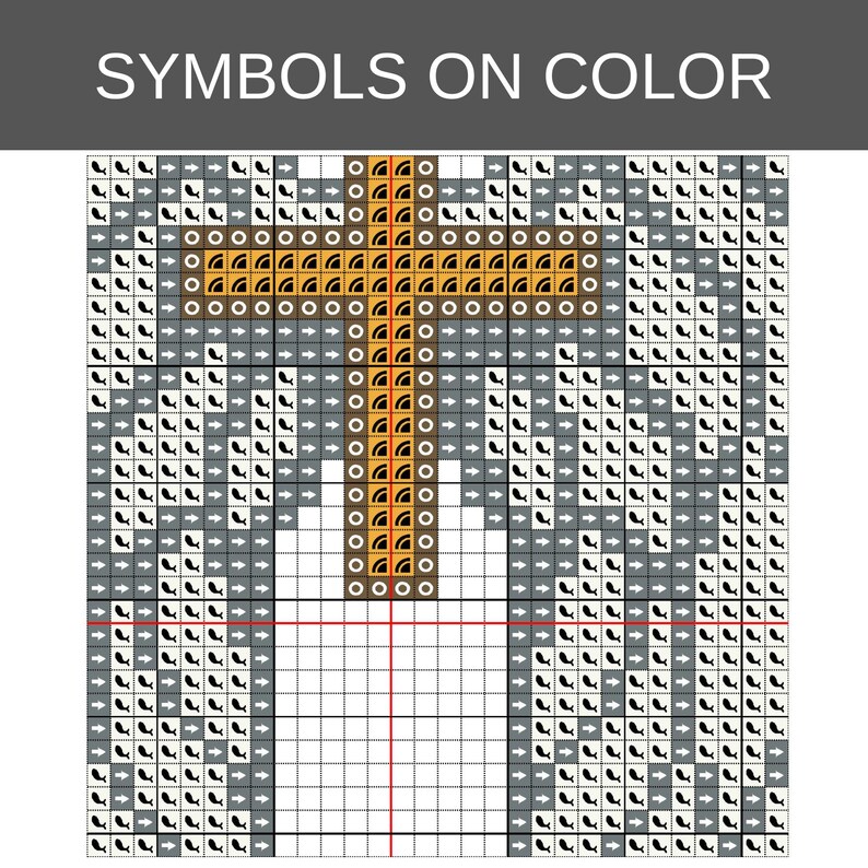 May include: A cross stitch pattern chart titled SYMBOLS ON COLOR featuring a grid layout. The design displays a central cross shape in orange and brown tones, surrounded by grey and white sections filled with repeating fish and arrow symbols.