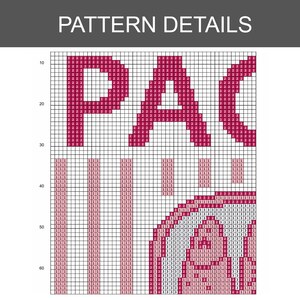 Pu&ograve; includere: Un grafico di modelli a punto croce con le parole "PATTERN DETAILS" in alto. Il grafico presenta la parola "PAC" in grassetto, in rosa, e un personaggio dei cartoni animati. Il grafico &egrave; su uno sfondo a griglia.