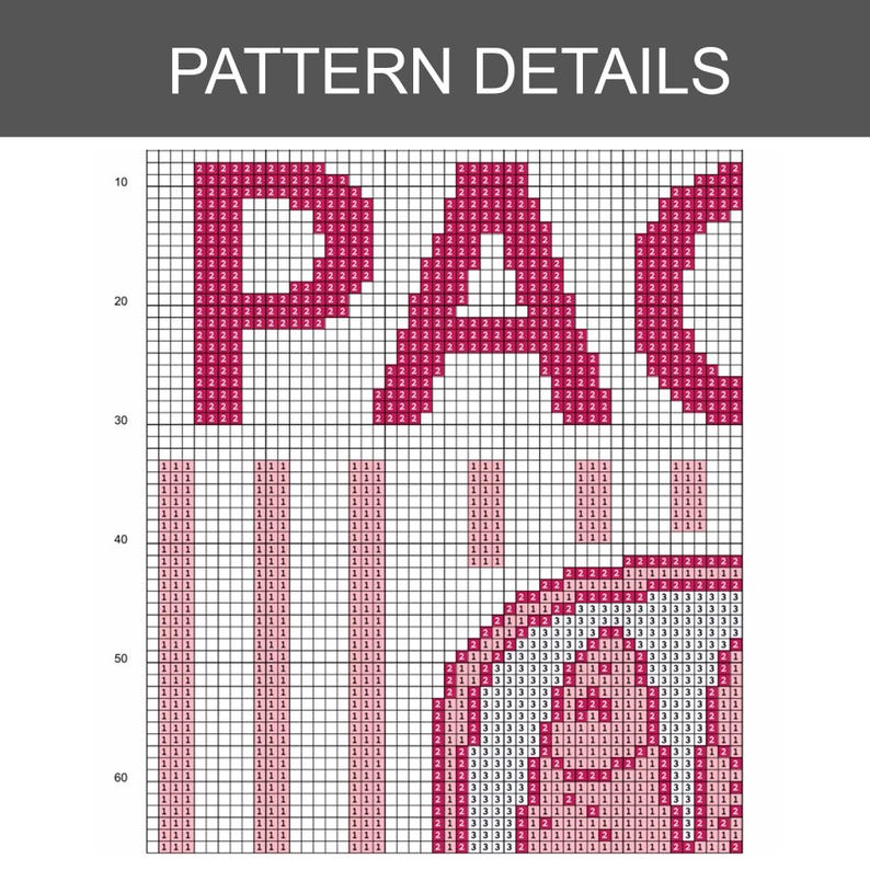Pu&ograve; includere: Un grafico di modelli a punto croce con le parole "PATTERN DETAILS" in alto. Il grafico presenta la parola "PAC" in grassetto, in rosa, e un personaggio dei cartoni animati. Il grafico &egrave; su uno sfondo a griglia.