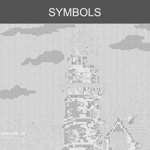 Peut inclure: Une grille de motifs en noir et blanc avec l'inscription SYMBOLS en haut. Le design repr&eacute;sente une structure de phare centrale entour&eacute;e de nuages, compos&eacute;e de caract&egrave;res alphanum&eacute;riques et de symboles pour le point de croix ou l'art diamant.