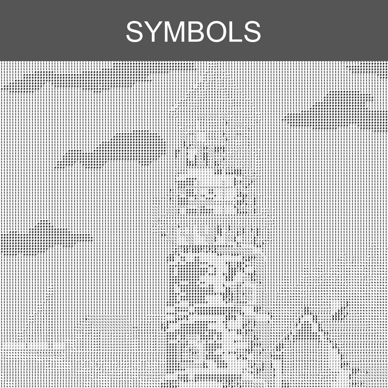 Peut inclure: Une grille de motifs en noir et blanc avec l'inscription SYMBOLS en haut. Le design repr&eacute;sente une structure de phare centrale entour&eacute;e de nuages, compos&eacute;e de caract&egrave;res alphanum&eacute;riques et de symboles pour le point de croix ou l'art diamant.