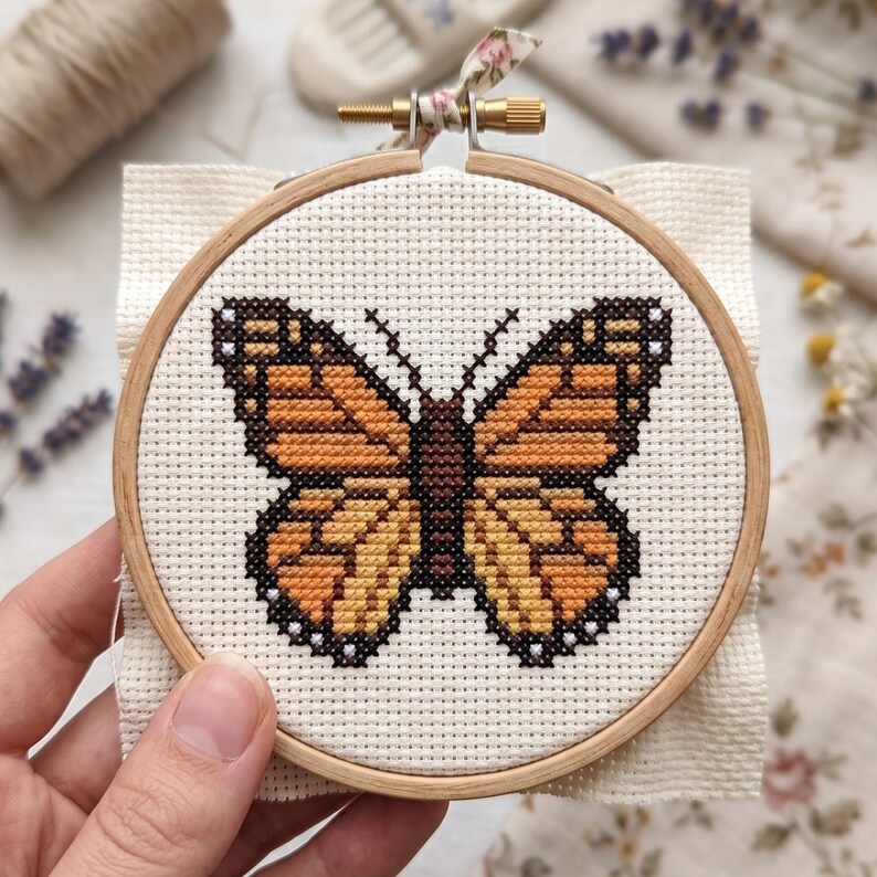 Monarch Butterfly Cross Stitch Pattern, Orange Insect Cottagecore Needlepoint Chart, Botanical Nature Wall Decor Craft Digital Download image 3