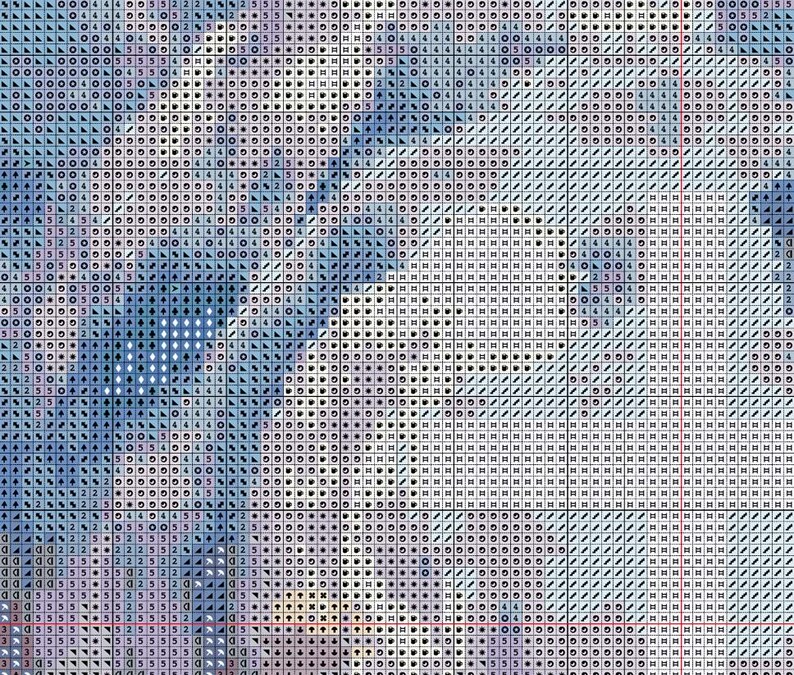 Pode incluir: Um padr&atilde;o de ponto cruz com efeito aquarela. O design apresenta uma mistura de azuis, roxos e brancos, criando uma imagem suave e abstrata. O padr&atilde;o &eacute; composto por pequenos quadrados, cada um preenchido com s&iacute;mbolos.