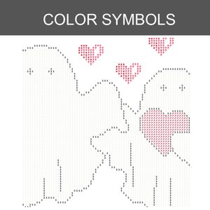 Pode incluir: Um padr&atilde;o de grade branco com o texto COLOR SYMBOLS no topo. O design inclui duas figuras semelhantes a fantasmas delineadas com o n&uacute;mero 5, tr&ecirc;s formas de cora&ccedil;&atilde;o vermelhas e n&uacute;meros 5 adicionais formando linhas e formas em um fundo branco.