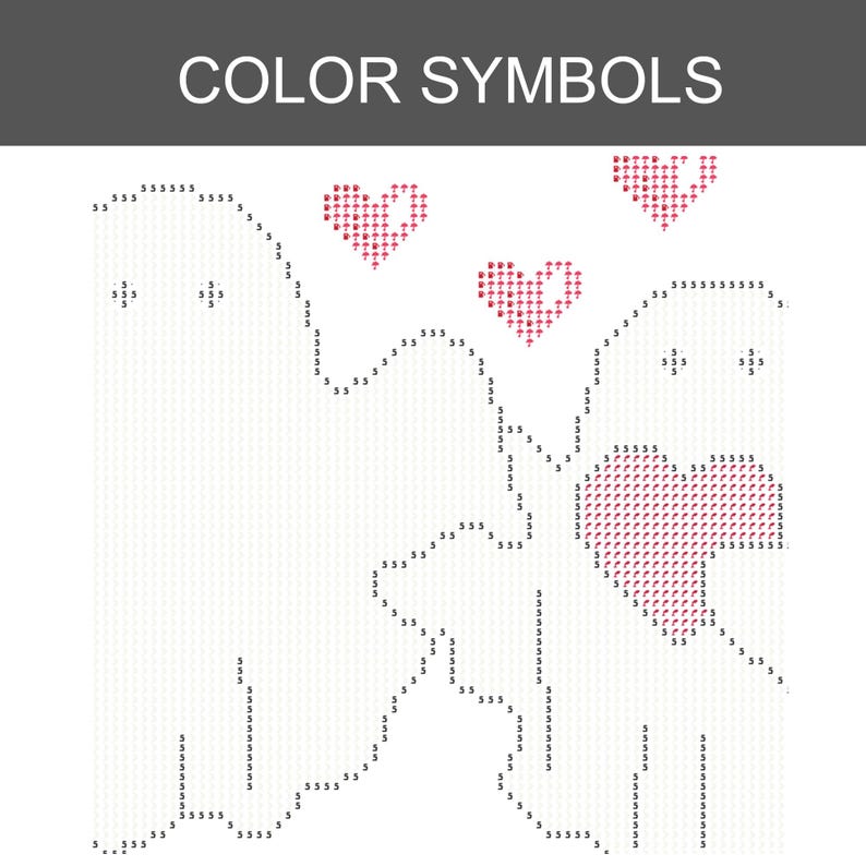 Pode incluir: Um padr&atilde;o de grade branco com o texto COLOR SYMBOLS no topo. O design inclui duas figuras semelhantes a fantasmas delineadas com o n&uacute;mero 5, tr&ecirc;s formas de cora&ccedil;&atilde;o vermelhas e n&uacute;meros 5 adicionais formando linhas e formas em um fundo branco.