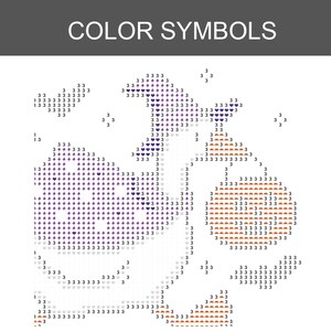 May include: A diamond painting pattern chart titled COLOR SYMBOLS featuring a grid with the number 3, purple heart icons, and orange semi-circle icons arranged to form a design. The white background displays rows of symbols for crafting.