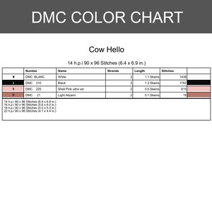 May include: A DMC color chart for a cross-stitch pattern titled Cow Hello. The table lists thread numbers, names, strand counts, lengths in skeins, and stitch counts for white, black, shell pink, and light alizarin colors, with dimensions in inches.