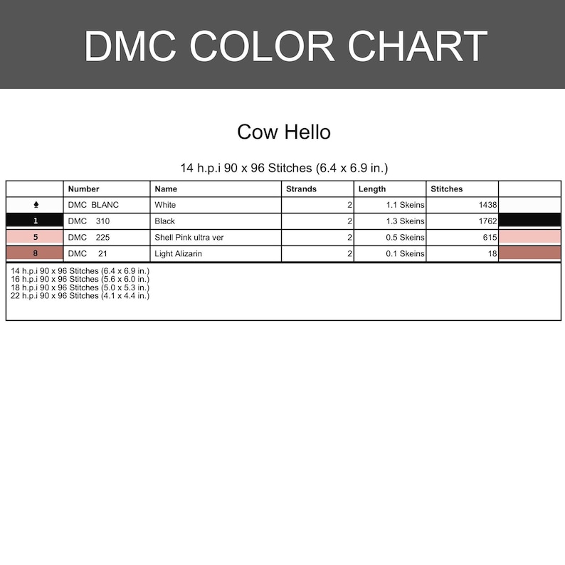 May include: A DMC color chart for a cross-stitch pattern titled Cow Hello. The table lists thread numbers, names, strand counts, lengths in skeins, and stitch counts for white, black, shell pink, and light alizarin colors, with dimensions in inches.