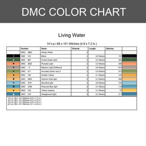 K&ouml;nnte beinhalten: Eine DMC-Farbkarte mit dem Titel Living Water, die eine Tabelle mit Spalten f&uuml;r Nummer, Name, Str&auml;nge, L&auml;nge und Stiche enth&auml;lt. Sie listet 11 Garnfarben auf, darunter Winter White, Black, Forest Green, mit Abmessungen von 12,4 x 18,3 cm.