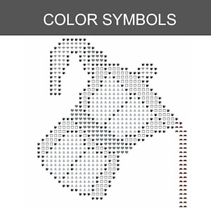 Puede incluir: Un patr&oacute;n de punto de cruz titulado COLOR SYMBOLS con un dise&ntilde;o de cuadr&iacute;cula de una cafetera vertiendo l&iacute;quido. El patr&oacute;n utiliza varios iconos peque&ntilde;os como tazas de caf&eacute;, corazones, cuadrados y campanas en negro, gris y marr&oacute;n.