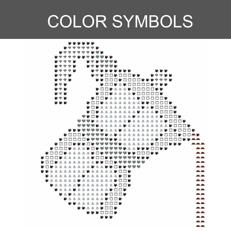 Puede incluir: Un patr&oacute;n de punto de cruz titulado COLOR SYMBOLS con un dise&ntilde;o de cuadr&iacute;cula de una cafetera vertiendo l&iacute;quido. El patr&oacute;n utiliza varios iconos peque&ntilde;os como tazas de caf&eacute;, corazones, cuadrados y campanas en negro, gris y marr&oacute;n.