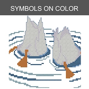 Puede incluir: Un patr&oacute;n de punto de cruz titulado SYMBOLS ON COLOR que presenta dos formas de aves estilizadas en azul claro y blanco, acentuadas con patas naranjas y contornos azul oscuro, sobre un fondo blanco con l&iacute;neas onduladas que representan agua.