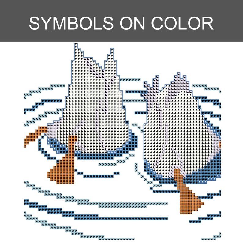 Puede incluir: Un patr&oacute;n de punto de cruz titulado SYMBOLS ON COLOR que presenta dos formas de aves estilizadas en azul claro y blanco, acentuadas con patas naranjas y contornos azul oscuro, sobre un fondo blanco con l&iacute;neas onduladas que representan agua.