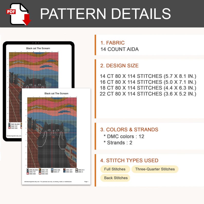K&ouml;nnte beinhalten: Ein digitales Kreuzstichmuster mit dem Titel Black cat The Scream, das ein Rasterdesign einer schwarzen Katze im Stil eines ber&uuml;hmten Gem&auml;ldes zeigt. Details: 14-Count-Aida-Stoff, 12 DMC-Farben, 2 F&auml;den sowie Voll-, Dreiviertel- und R&uuml;ckstiche.