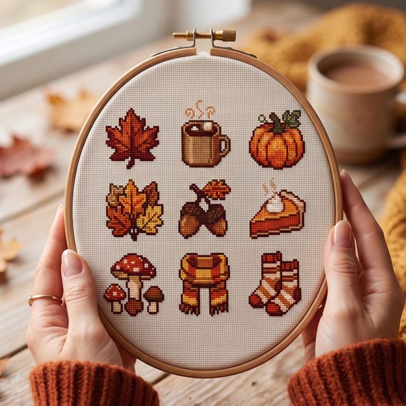 Cozy Autumn Cross Stitch Pattern PDF | Fall Mini Icons Sampler Pumpkin Pie Acorn Needlepoint Chart, Instant Download