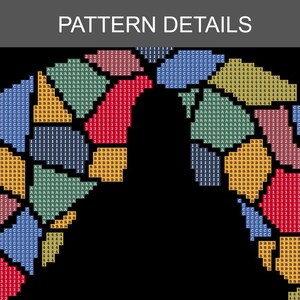 Może przedstawiać: Zbliżenie kolorowego wzoru haftu krzyżykowego z tekstem "PATTERN DETAILS" u g&oacute;ry. Wz&oacute;r zawiera r&oacute;żnorodne kształty i kolory, w tym niebieski, zielony, czerwony, ż&oacute;łty i czarny. Wz&oacute;r składa się z małych kwadrat&oacute;w i liczb.