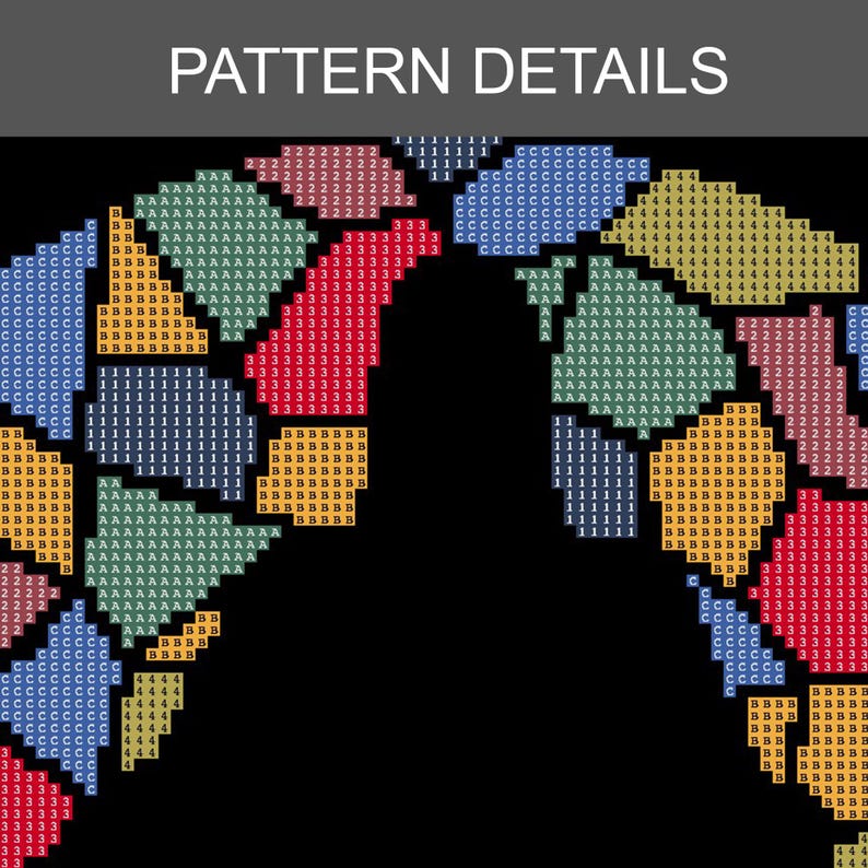 Może przedstawiać: Zbliżenie kolorowego wzoru haftu krzyżykowego z tekstem "PATTERN DETAILS" u g&oacute;ry. Wz&oacute;r zawiera r&oacute;żnorodne kształty i kolory, w tym niebieski, zielony, czerwony, ż&oacute;łty i czarny. Wz&oacute;r składa się z małych kwadrat&oacute;w i liczb.