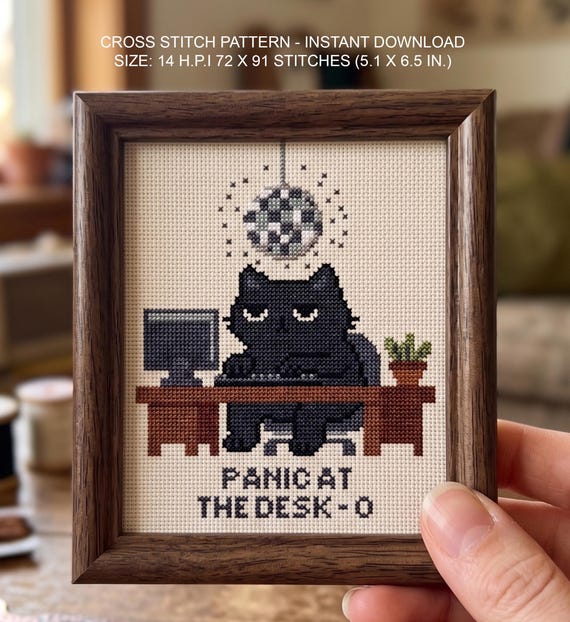 Panic at the Desk-O Cat Cross Stitch Pattern | Funny Office Needlepoint | Sarcastic Humor Embroidery | Instant Download