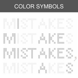 K&ouml;nnte beinhalten: Eine digitale Grafik mit dem Titel COLOR SYMBOLS, die das Wort MISTAKES in drei Zeilen wiederholt. Die Buchstaben bestehen aus wiederholten Ziffern 1, 2 und 3 in verschiedenen Graut&ouml;nen, wobei einige Buchstaben dunkler und andere heller erscheinen.