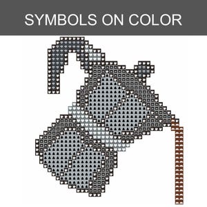 Puede incluir: Un gr&aacute;fico de estilo pixel art de una cafetera moka, representado en tonos grises y marrones. El dise&ntilde;o presenta una cuadr&iacute;cula de peque&ntilde;os iconos que incluyen corazones, campanas y cuadrados. El texto SYMBOLS ON COLOR aparece arriba.